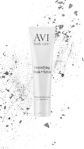 AVI Detoxifying Mask + Scrub bottle on a white background with gray specks