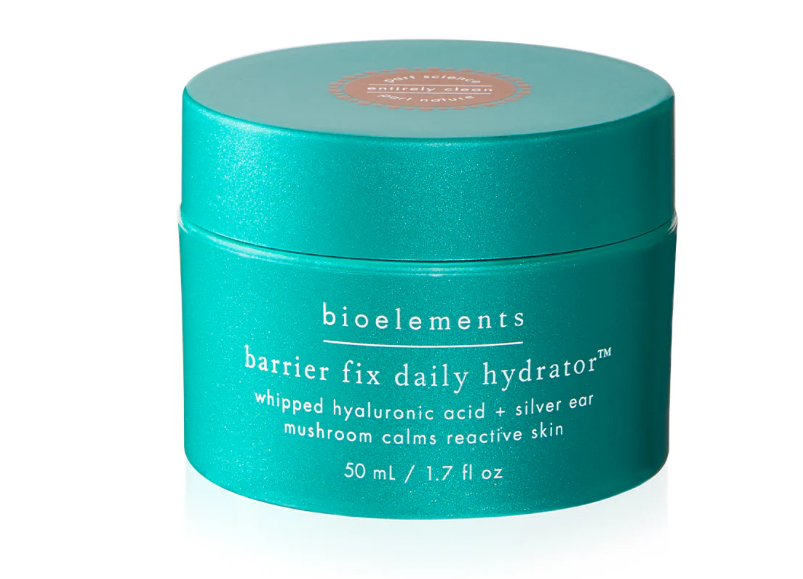 Turquoise jar of bioelements barrier fix daily hydrator on a white background