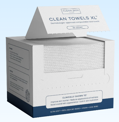 Box of Clean Skin Club Clean Towels XL on a light blue background