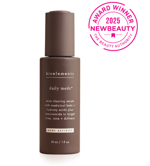 Bioelements daily meds serum bottle with an award badge on a white background