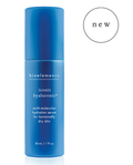 Blue skincare serum bottle labeled 'bioelements iconic hyaluronic' on a white background