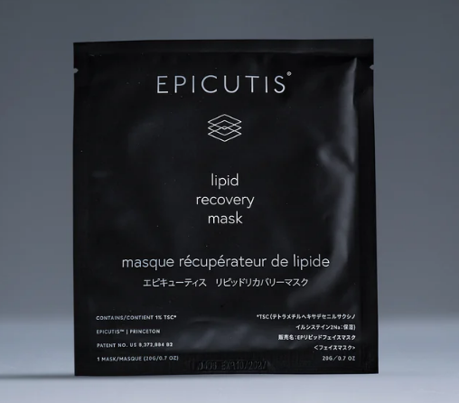 Epicutis lipid recovery mask packaging on a gray background