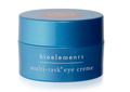 Blue jar of bioelements multi-task eye crème on a white background