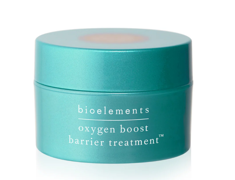 Teal jar of Bioelements oxygen boost barrier treatment on a white background