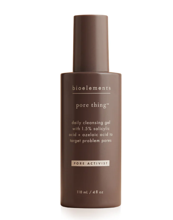 Brown bottle of bioelements pore thing daily cleansing gel on a white background