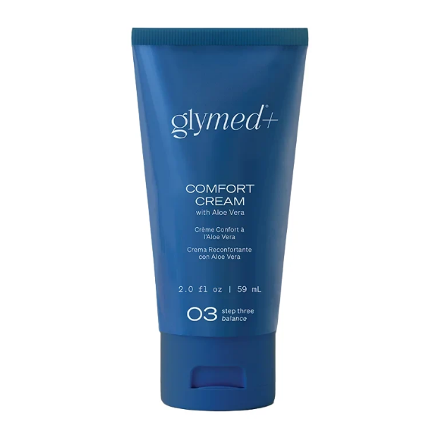 Blue tube of Glymed Comfort Cream on a white background